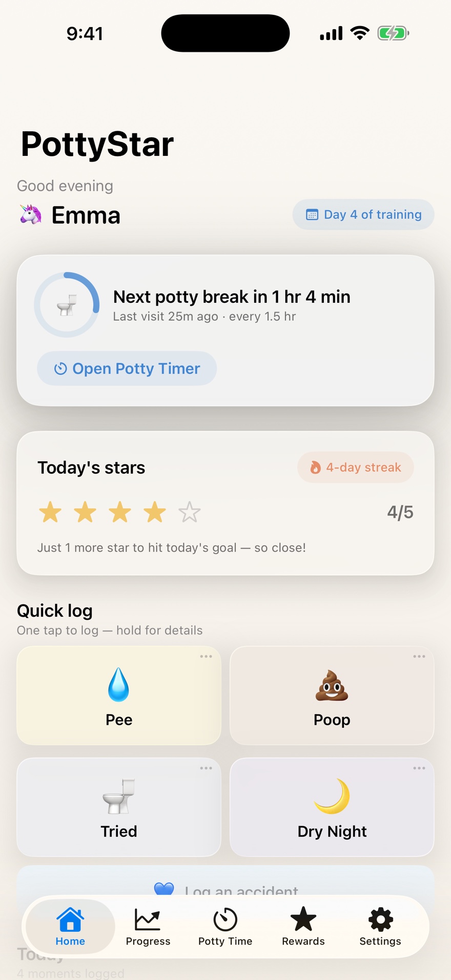 PottyStar home screen with potty timer and today's stars