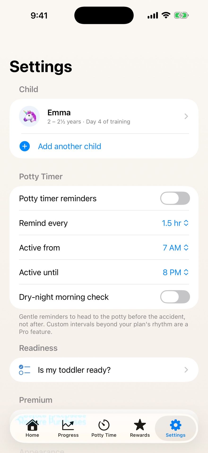PottyStar reminder settings